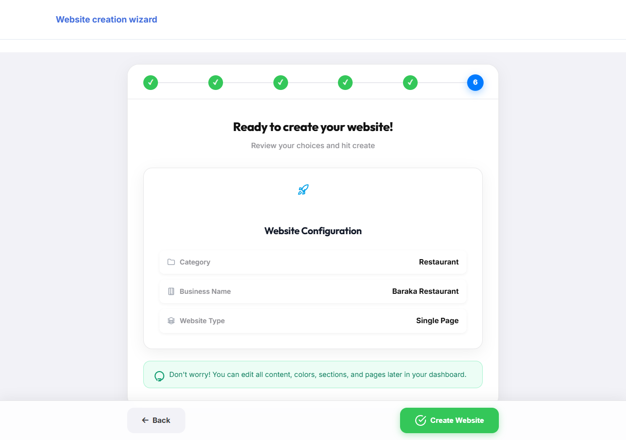 Review and click Create Website